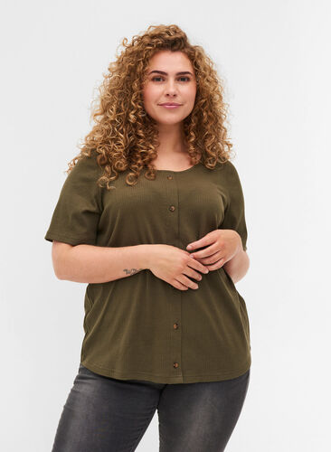 T-shirt med knappar, Ivy Green , Model image number 0