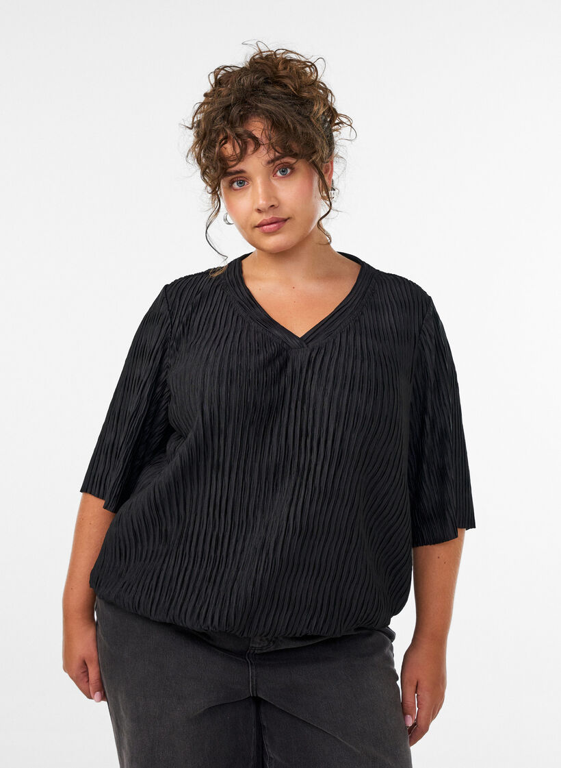 Blus med v&aring;gig struktur och ballongform, Svart, Model image number 0