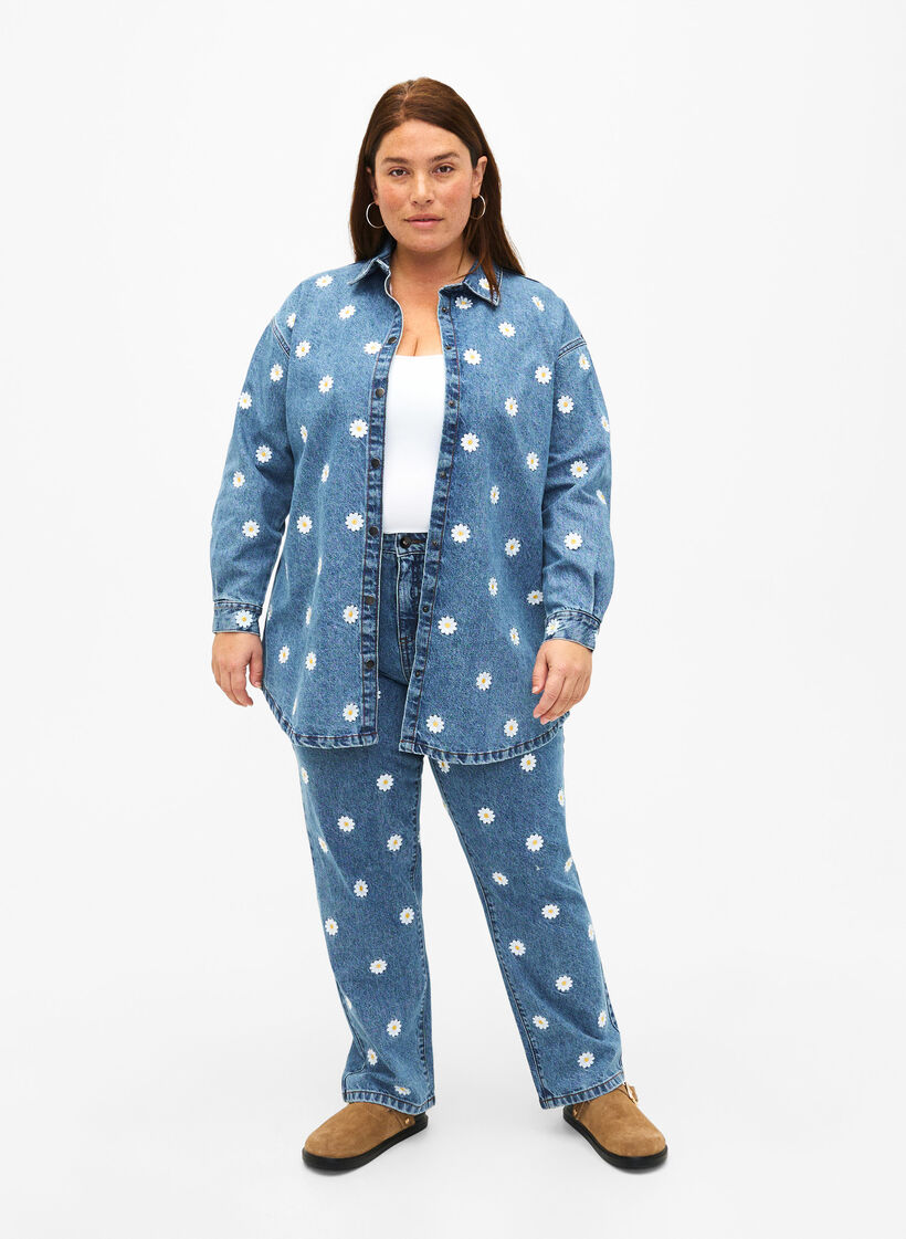 Löst sittande jeansskjorta med broderade prästkragar, L.B. Flower, Model image number 2