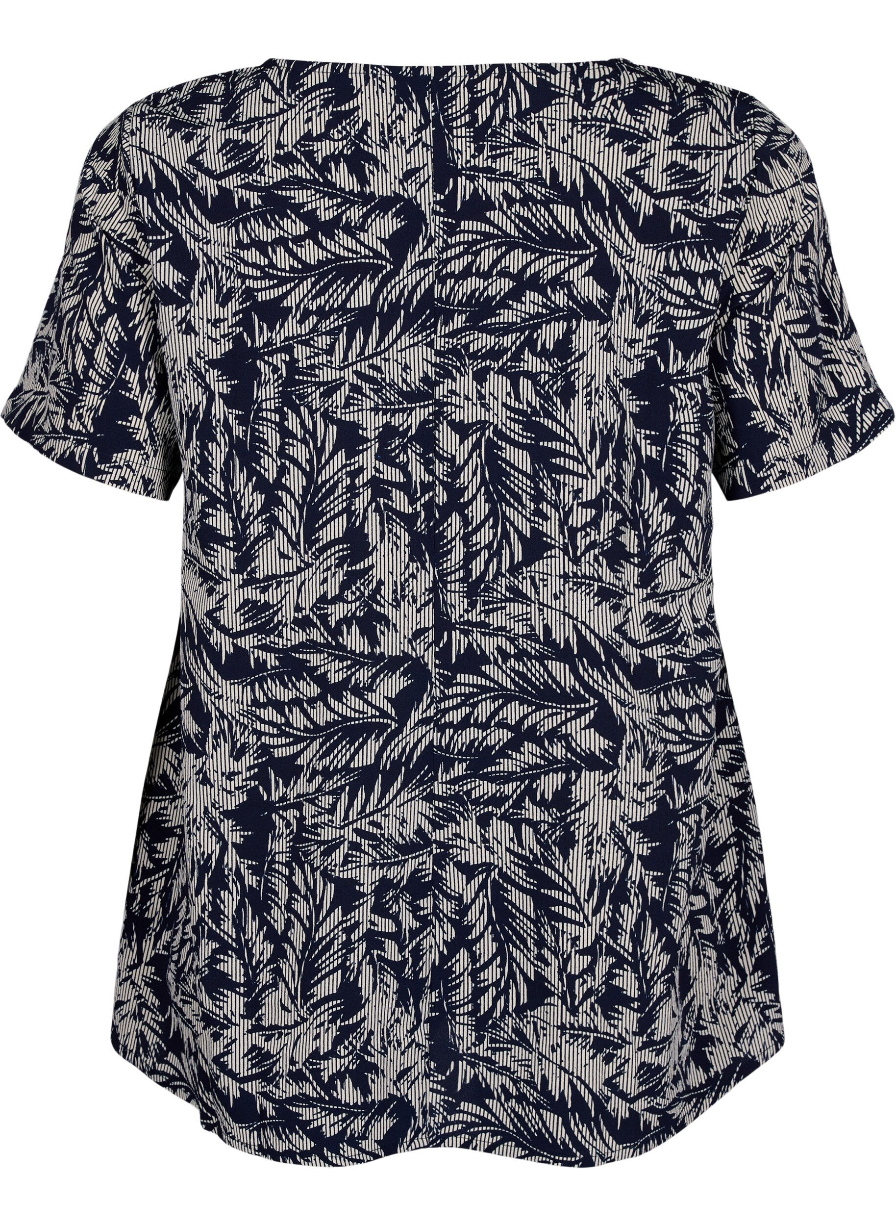 Zizzi FLASH - blus med kort &auml;rm och tryck, Off White Blue Leaf, Packshot image number 1