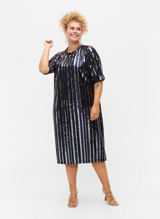 Kortärmad paljettklänning med slits, Evening Blue Stripe , Model image number 2