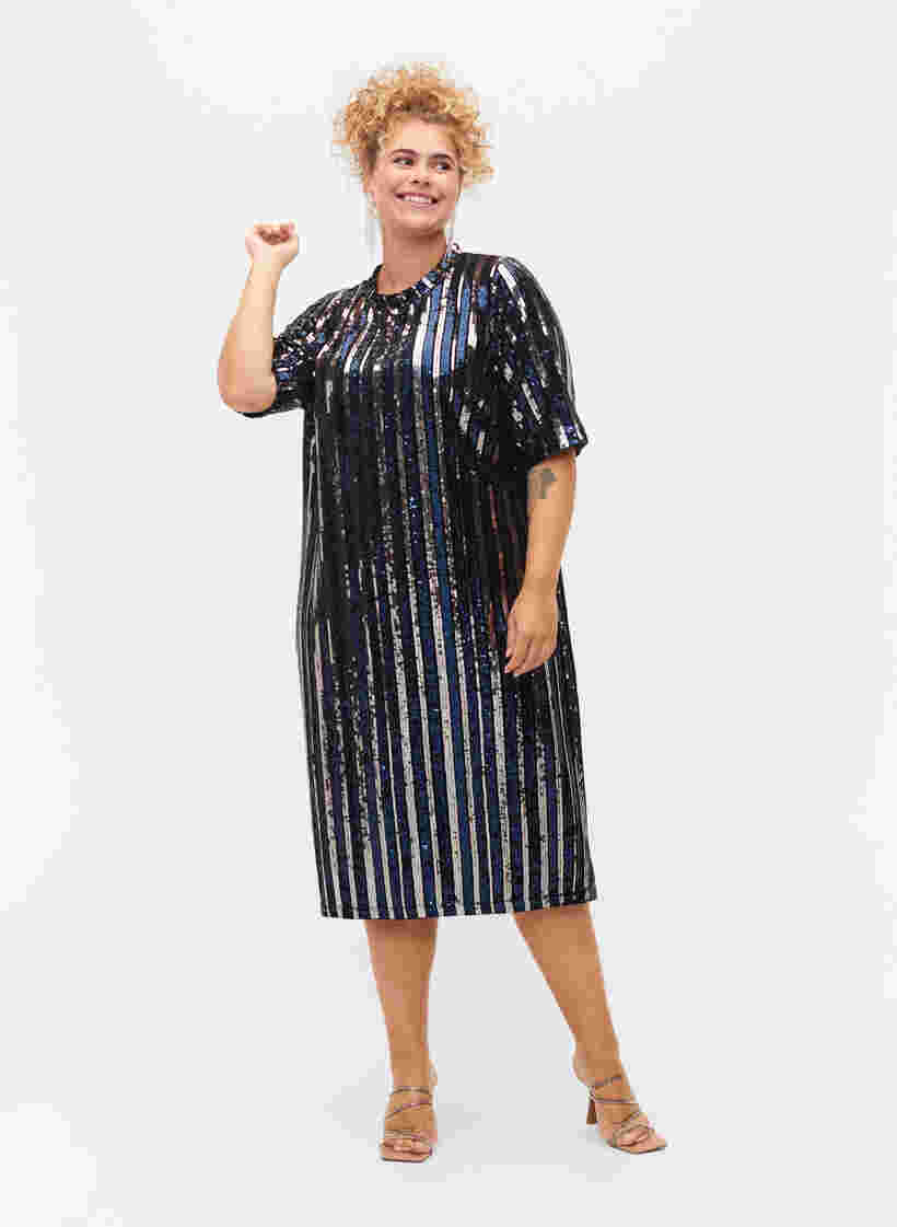 Kortärmad paljettklänning med slits, Evening Blue Stripe , Model image number 2