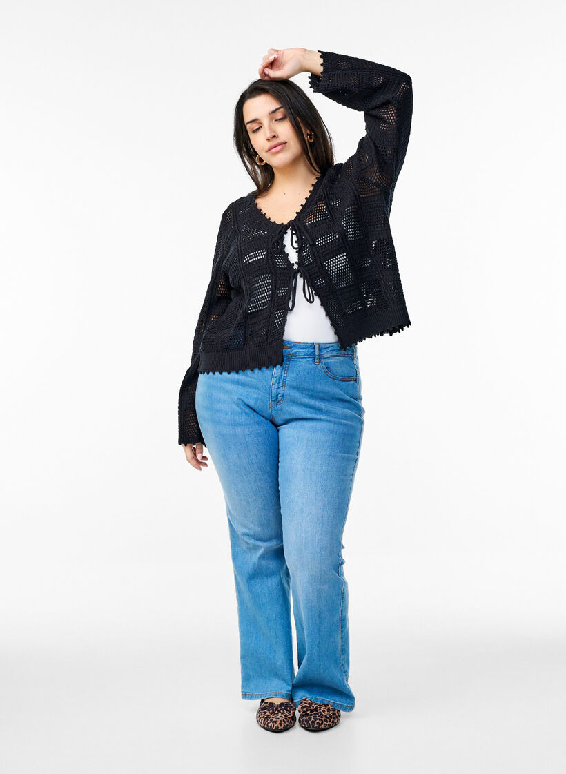 Stickad kofta med knytband och hålmönster, Svart, Model image number 1