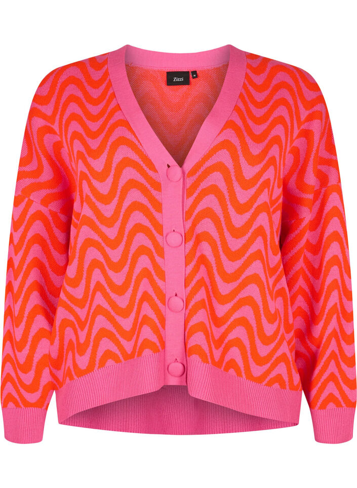 Stickad kofta med mönster och knappar, Hot Pink Comb., Packshot image number 0