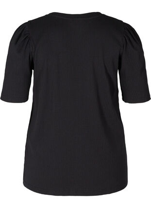 Ribbad t-shirt med korta puffärmar, Black, Packshot image number 1