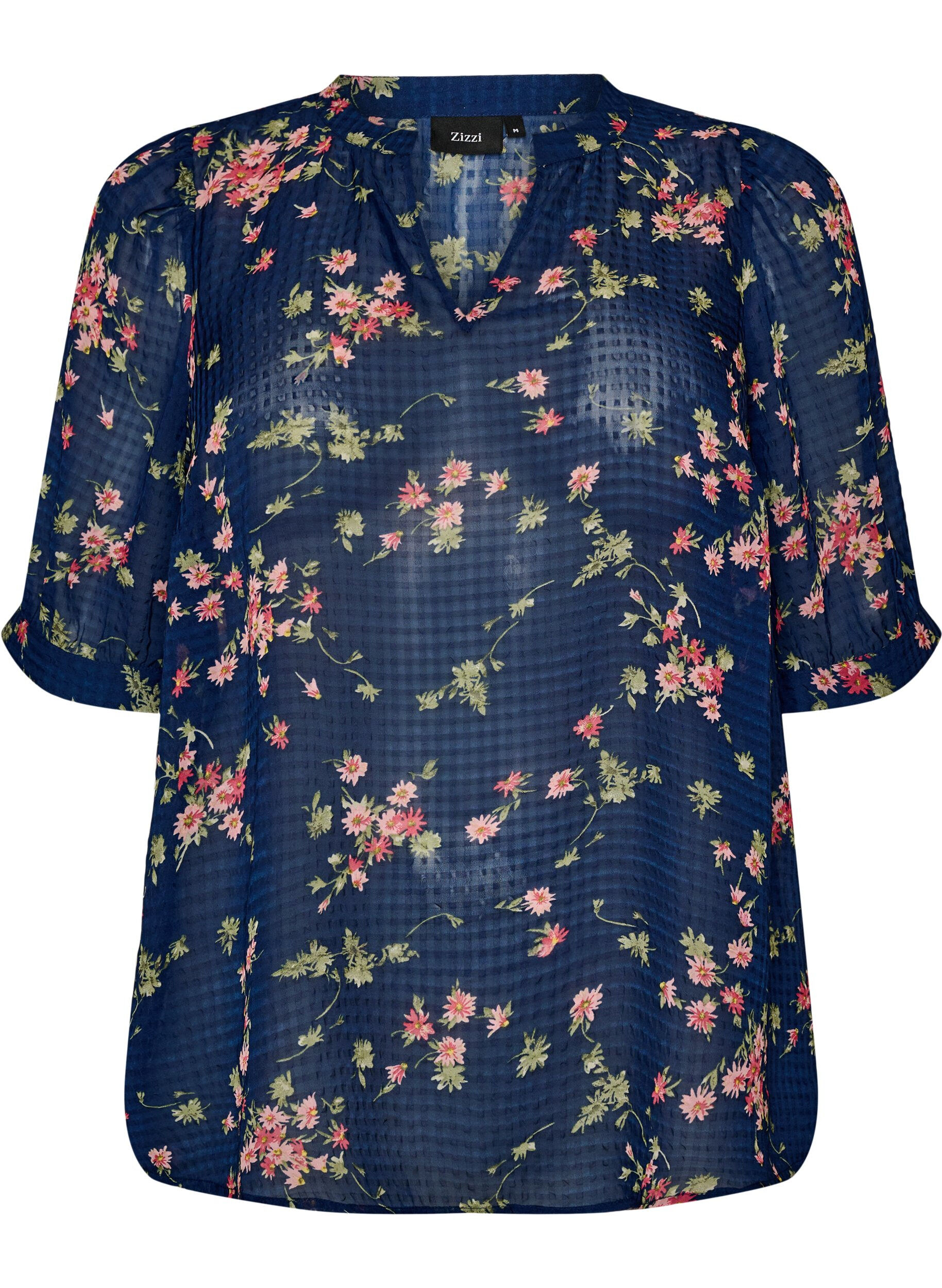 ZizziBlus med blommigt m&ouml;nster och v-ringning, Bl&aring;, Packshot image number 0
