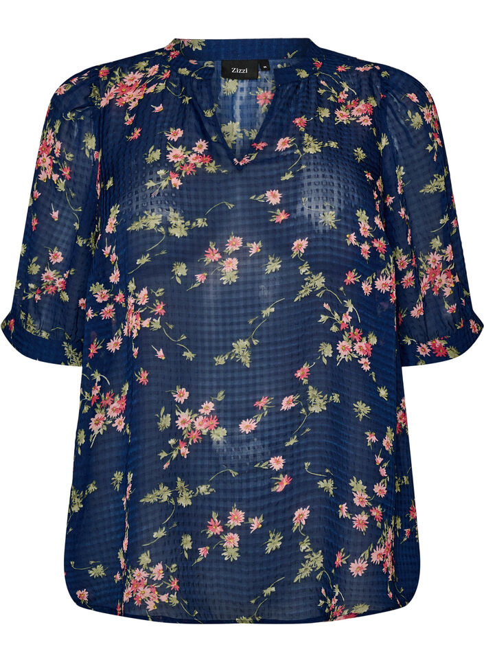 Blus med blommigt m&ouml;nster och v-ringning, Bl&aring;, Packshot image number 0
