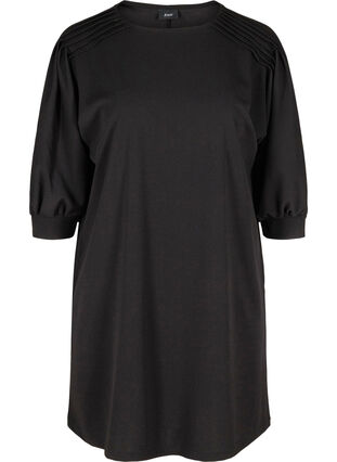 Enfärgad tunika med 2/4-ärmar och plissering på axlarna, Black, Packshot image number 0