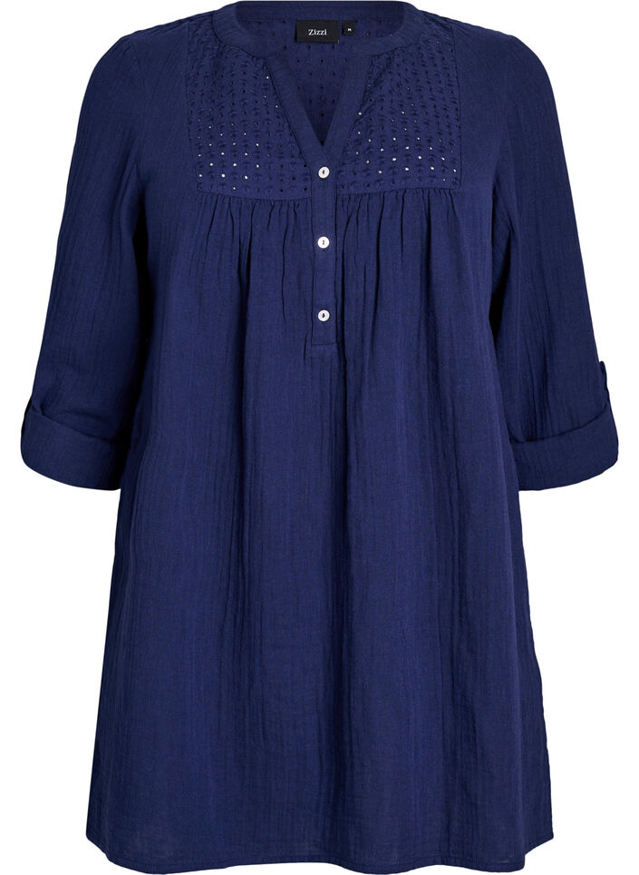 Tunika i bomullsmuslin med broderie anglaise, Bl&aring;, Packshot image number 0