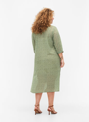 Prickig skjortklänning med 3/4 ärmar och slits, Seagrass Dot, Model image number 1