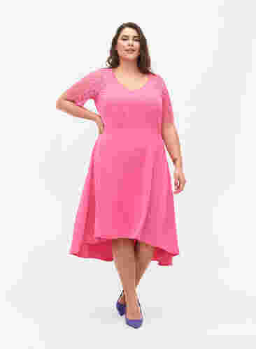Midiklänning med korta spetsärmar, Shocking Pink, Model image number 0