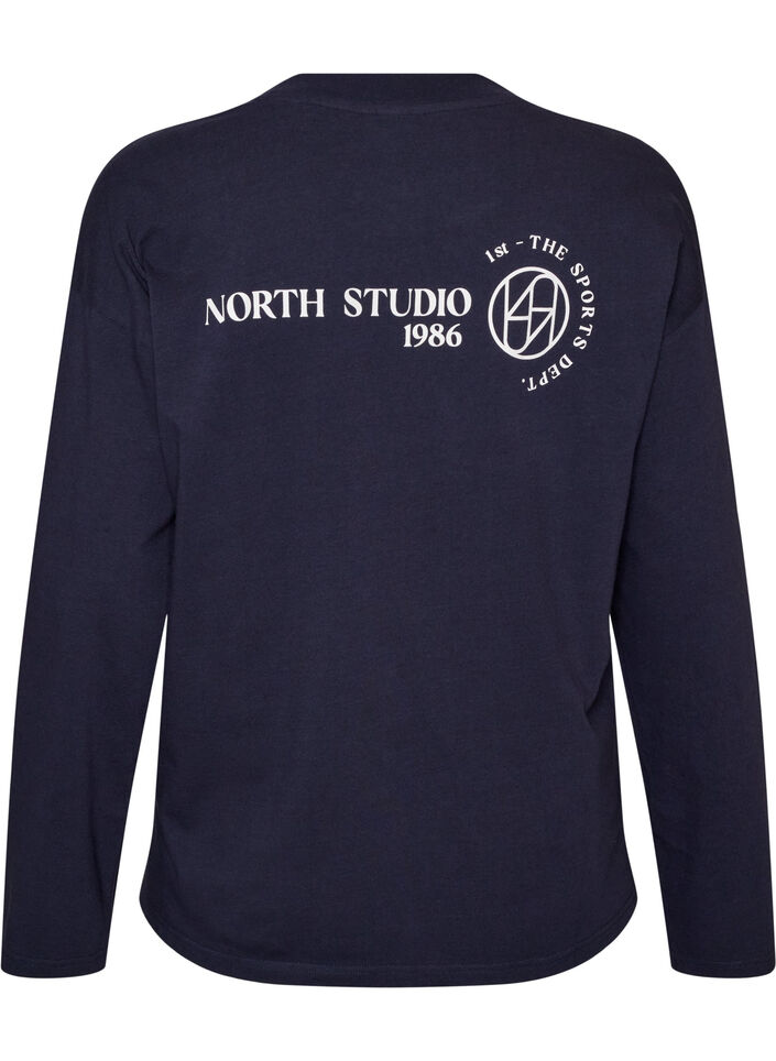 L&aring;ng&auml;rmad blus i jersey med texttryck, Bl&aring;, Packshot image number 1