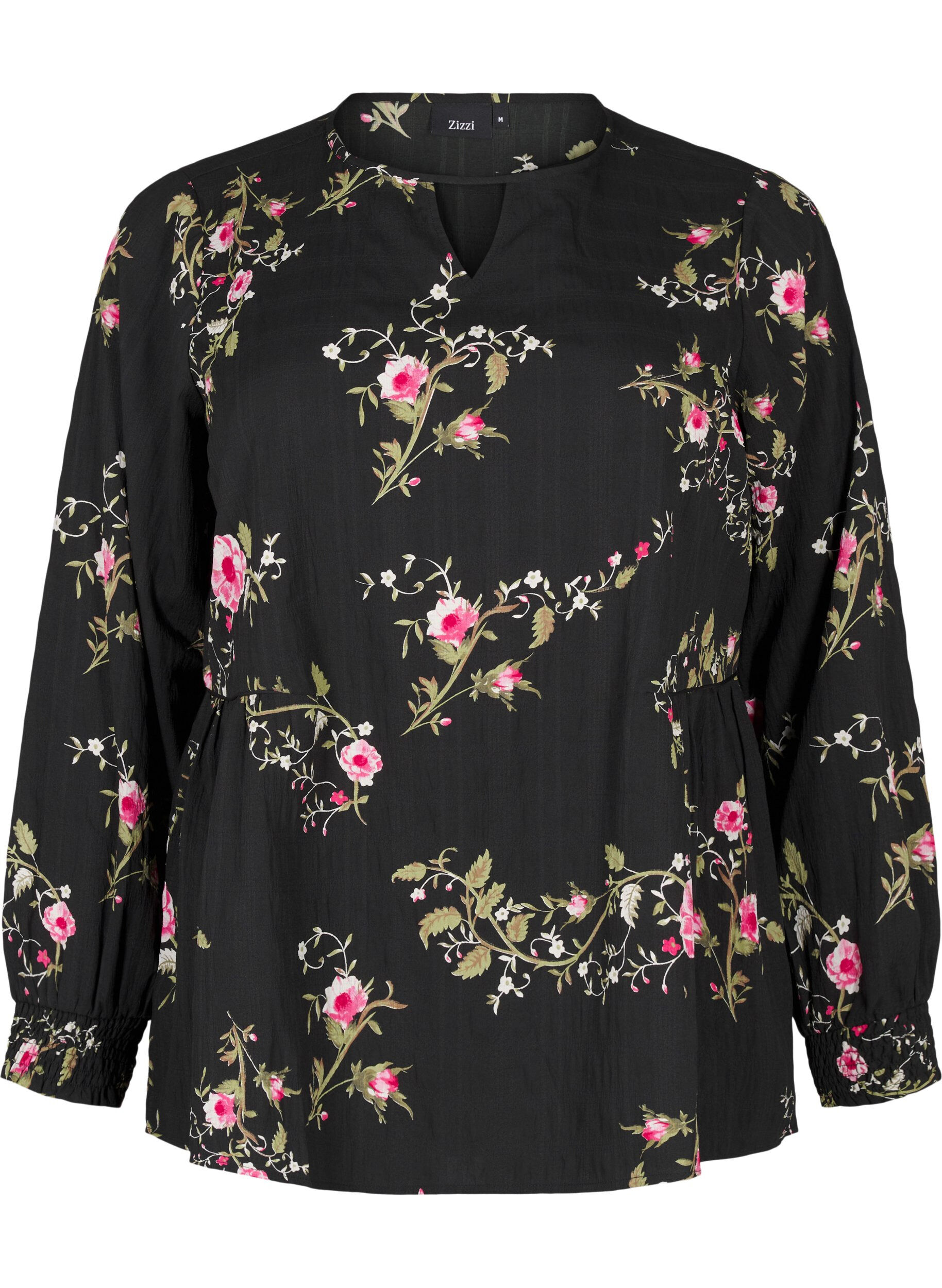 ZizziL&aring;ng&auml;rmad blus med blomm&ouml;nster, Svart, Packshot image number 0