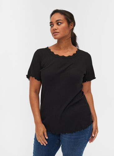 Ribbad t-shirt med spetskant, Black, Model image number 0