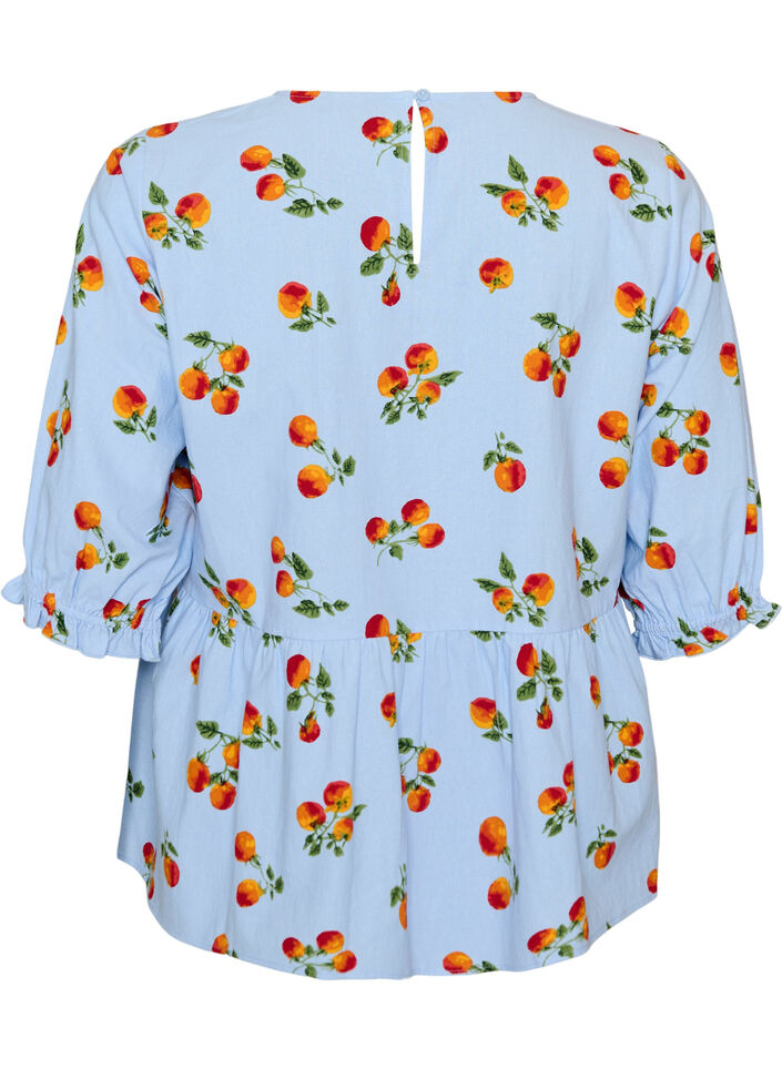 Blus i bomull med tomatm&ouml;nster och peplum, Bl&aring;, Packshot image number 1