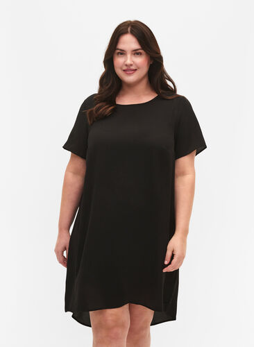 Klänning med mönster och korta ärmar, Black, Model image number 0