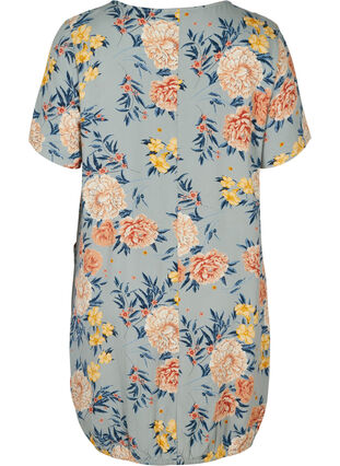 Kortärmad viskosklänning med mönster, Light Blue Flower, Packshot image number 1