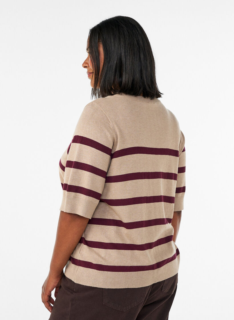 Randig stickad topp med korta &auml;rmar, Beige, Model image number 2