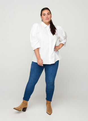 Skjorta i bomull med 3/4 puffärmar, Bright White, Model image number 2