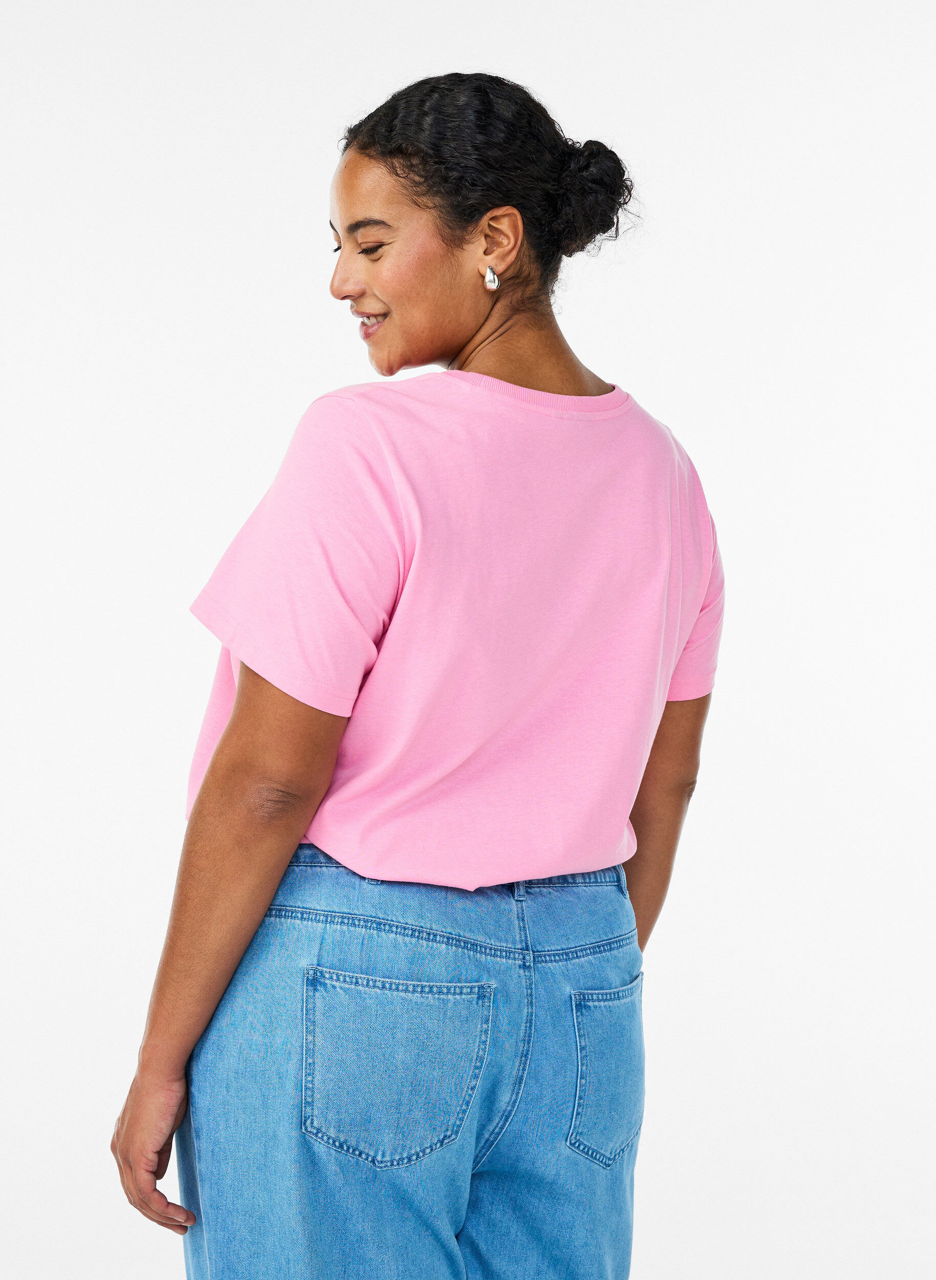 Zizzi T-shirt i bomull med frukttryck och text, Rosa, Model image number 2