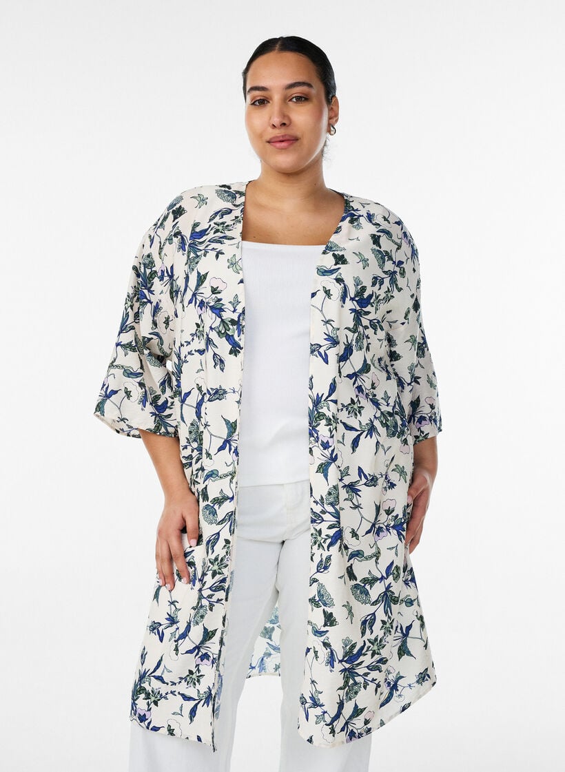 Kimono i viskos med trekvarts&auml;rmar, Bl&aring;, Model image number 0