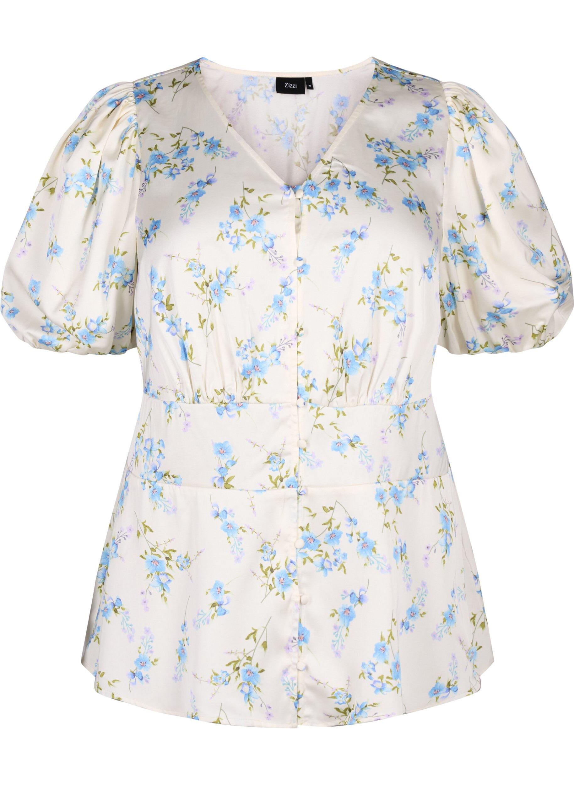 Zizzi Blommig satinblus med puff&auml;rmar, Off White Blue Fl., Packshot image number 0