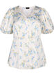 Blommig satinblus med puffärmar, Off White Blue Fl., Packshot image number 0