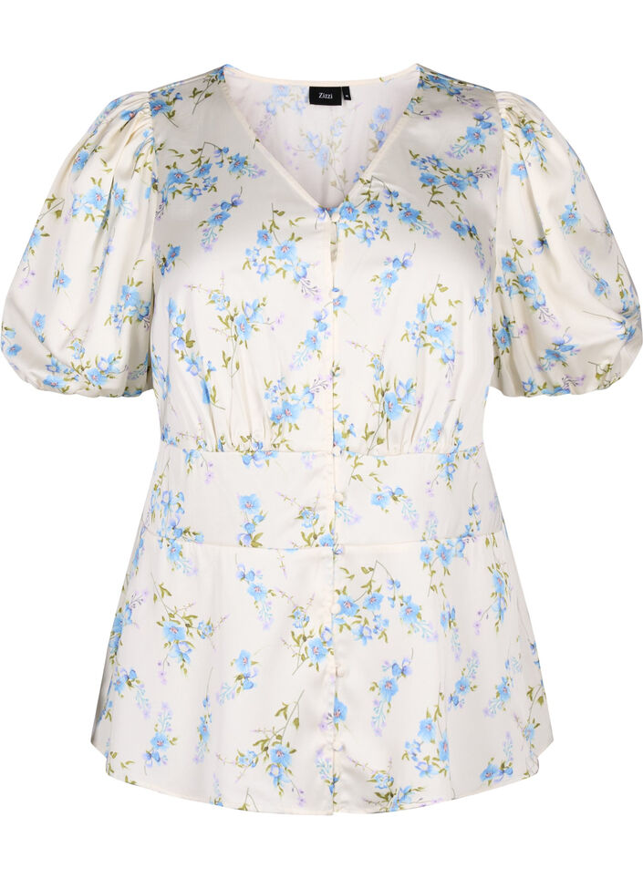 Blommig satinblus med puffärmar, Off White Blue Fl., Packshot image number 0