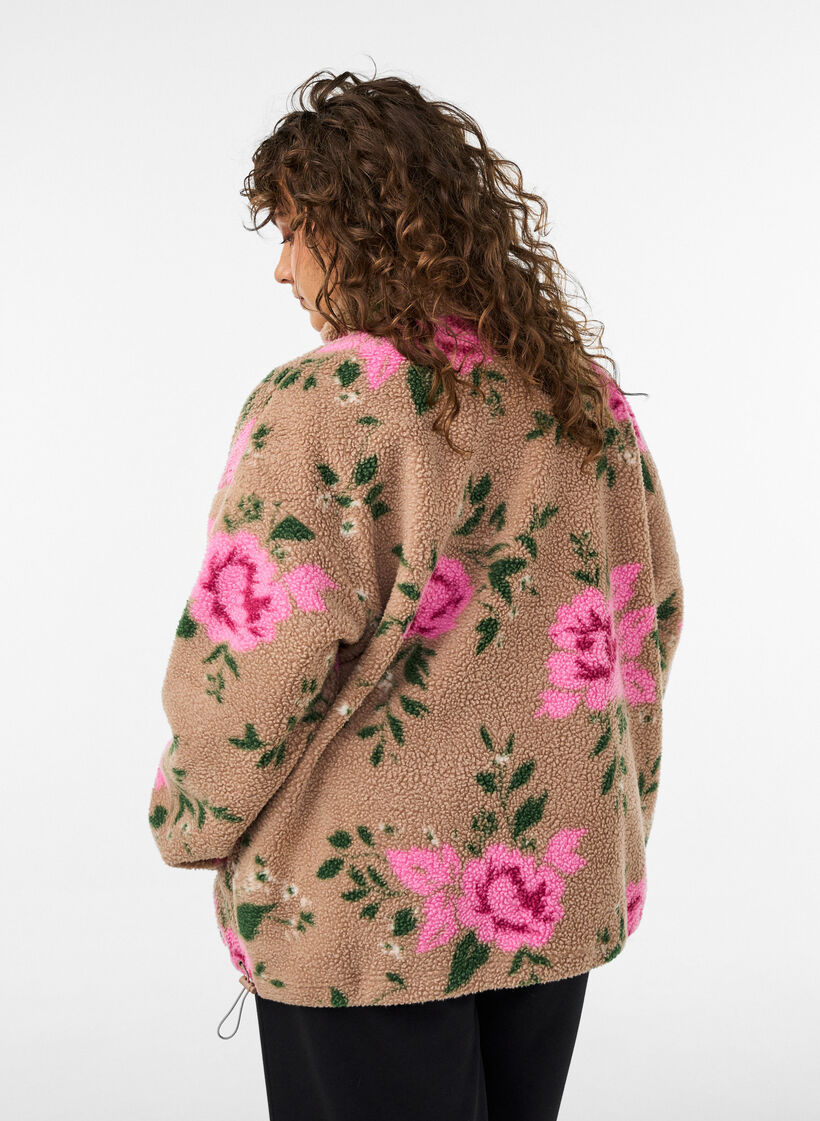 Blommig fleecejacka med h&ouml;g krage och dragkedja, Beige, Model image number 2