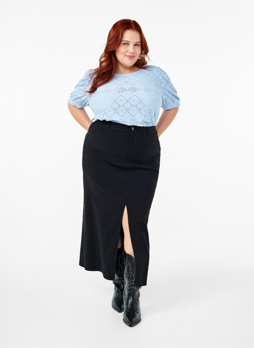 Kortärmad blus med spetsmönster, Cashmere Blue, Model image number 2