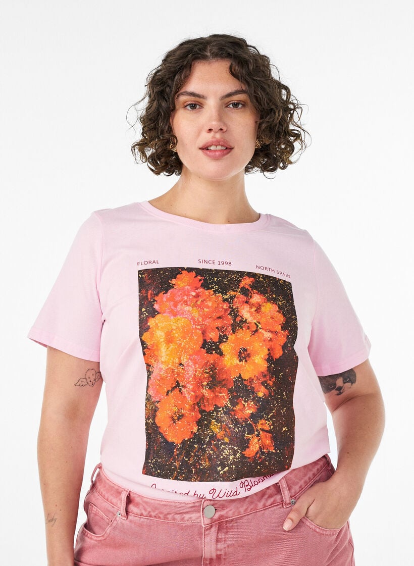 T-shirt i bomull med tryck framtill, Rosa, Model image number 0