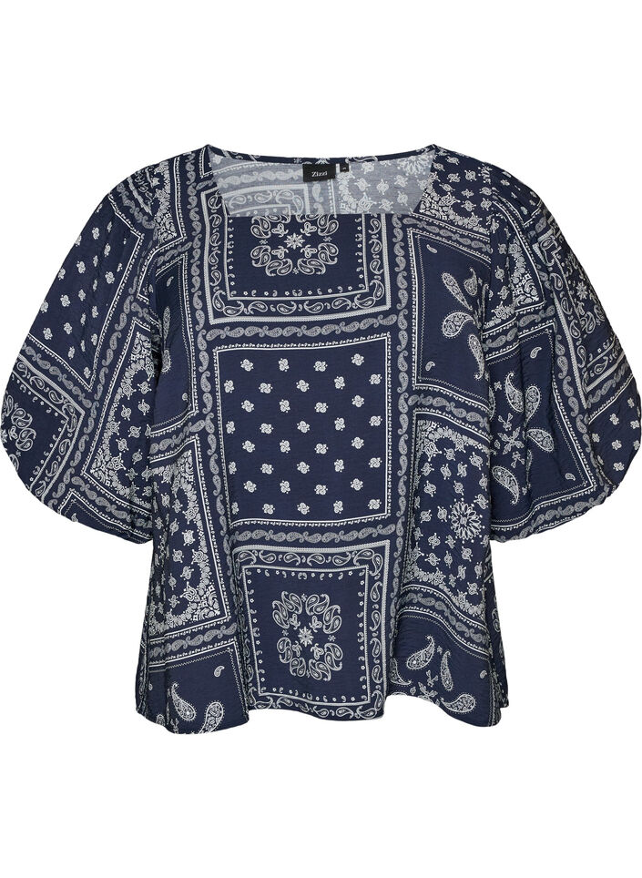 Blus i viskos med paisleym&ouml;nster och ballong&auml;rm, Bl&aring;, Packshot image number 0