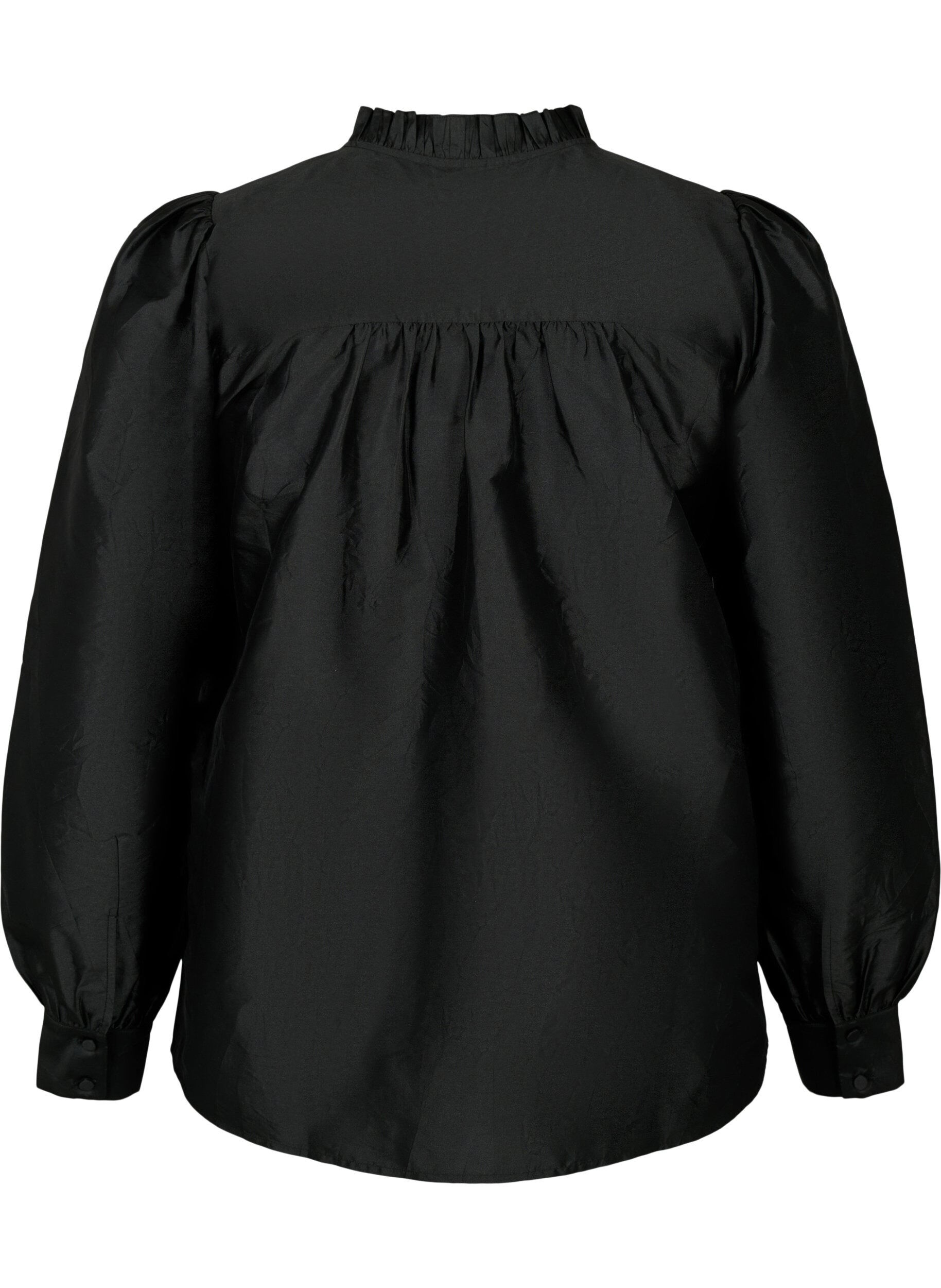 Zizzi Glansig skjortblus med volanger, Black, Packshot image number 1