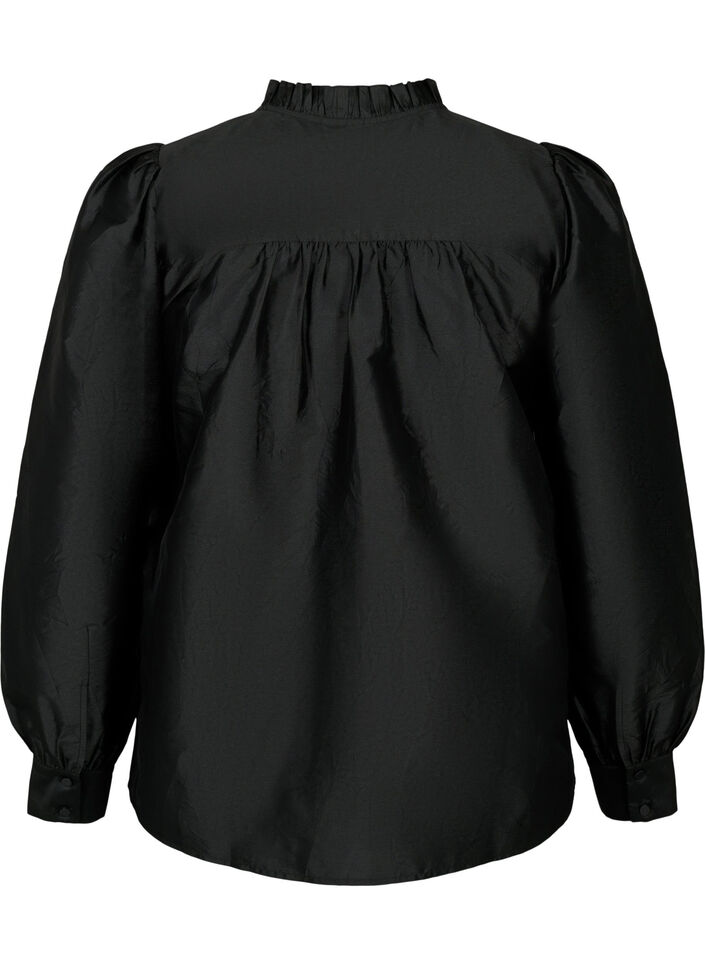 Glansig skjortblus med volanger, Black, Packshot image number 1