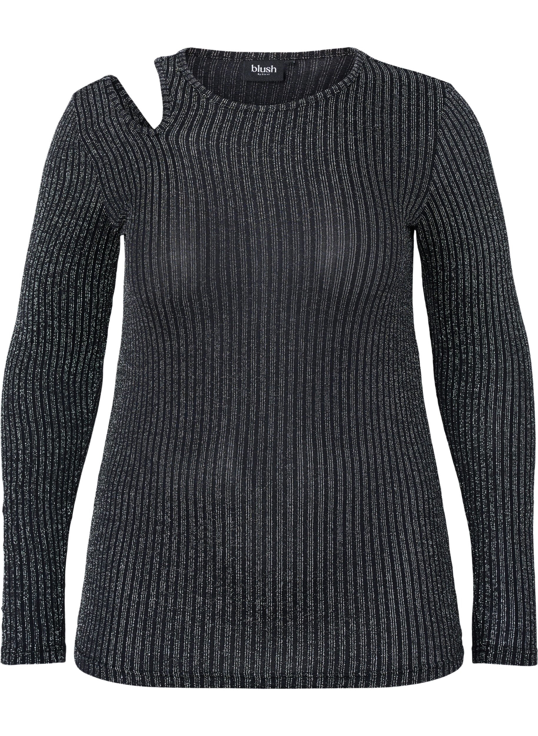 Zizzi L&aring;ng&auml;rmad blus med utsk&auml;rning och glitter, B. w. Silver Stripes, Packshot image number 0