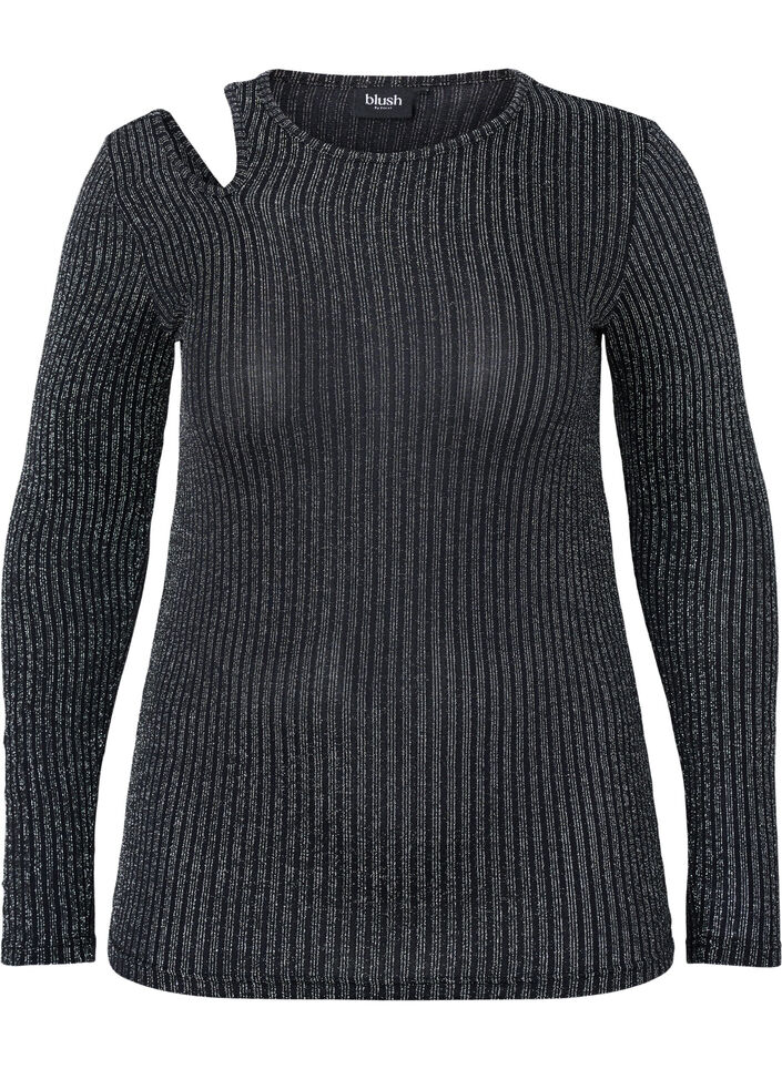 Långärmad blus med utskärning och glitter, B. w. Silver Stripes, Packshot image number 0