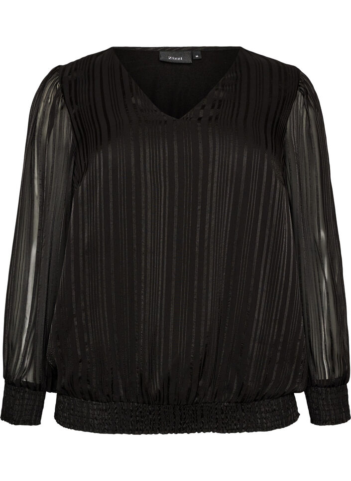 Randig blus med ballongform, Svart, Packshot image number 0