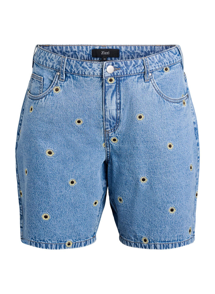 Jeansshorts med broderade blommor, Bl&aring;, Packshot image number 0