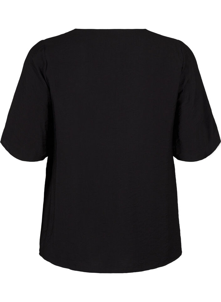 Viskosblus med v-ringning och broderidetalj, Svart, Packshot image number 1