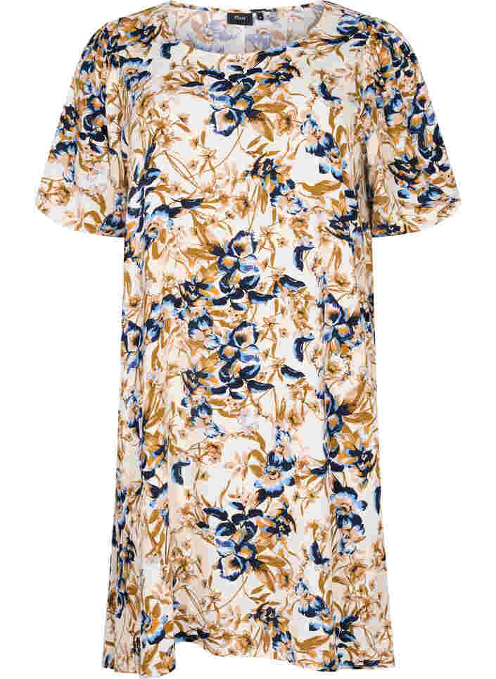 Kortärmad viskosklänning med paisleymönster, Ecru Flower, Packshot