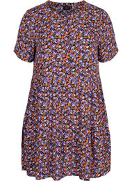 A-linjeformad viskosklänning med korta ärmar, Purple Ditsy Flower
