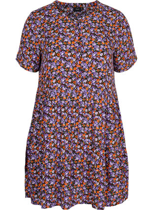 A-linjeformad viskosklänning med korta ärmar, Purple Ditsy Flower, Packshot image number 0