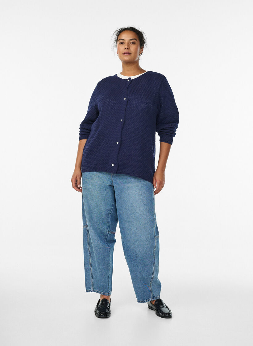 Strukturstickad kofta med bollformade knappar, Blå, Model image number 1