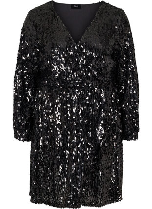Paljettklänning med v-ringning och långa ärmar, Black, Packshot image number 0