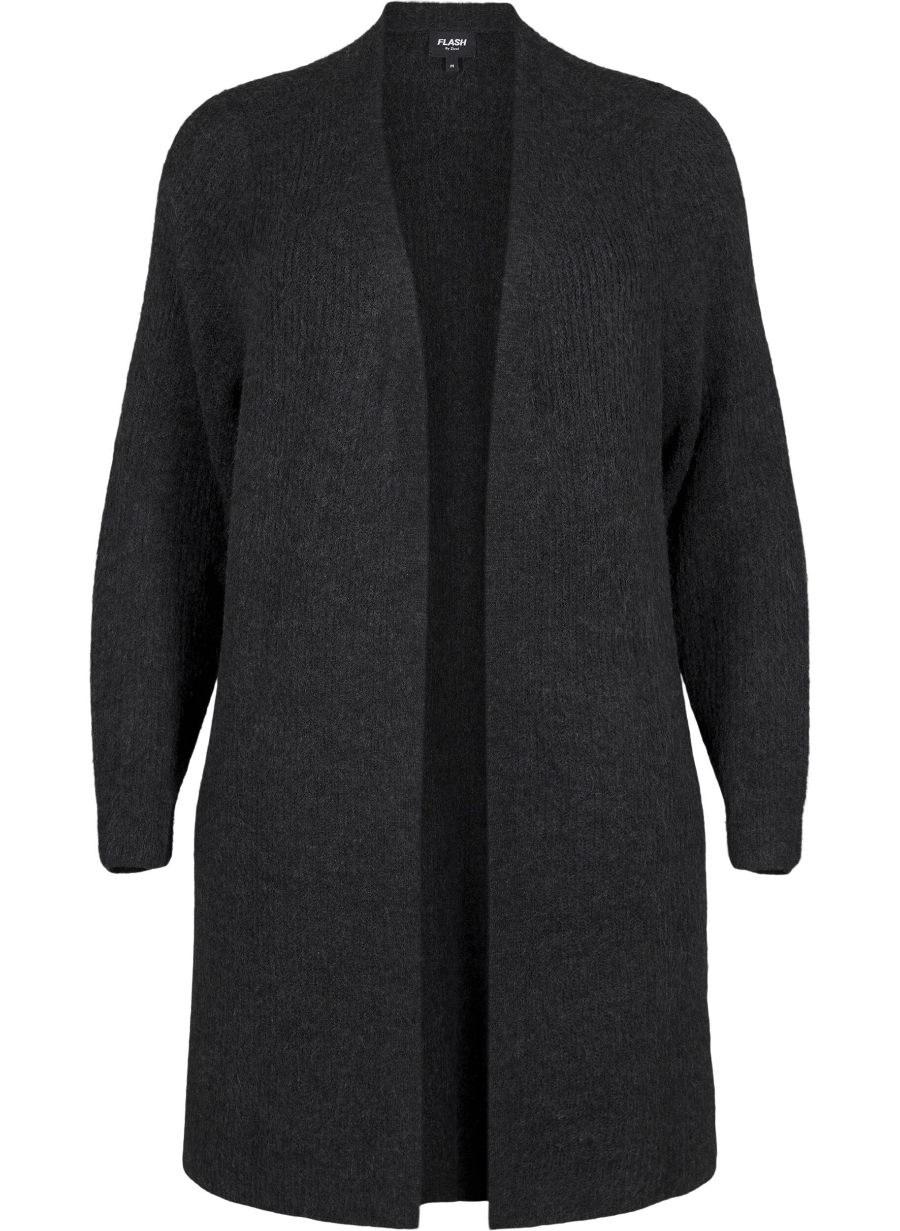 Zizzi FLASH - Ribbstickad cardigan med slitsar, Dark Grey Melange, Packshot image number 0
