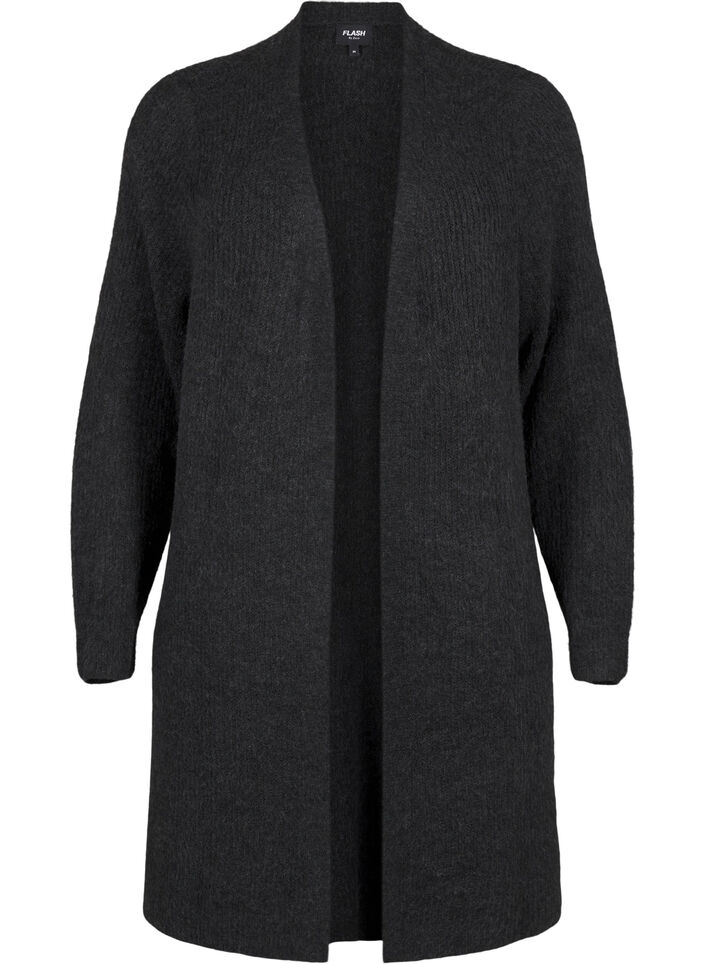 FLASH - Ribbstickad cardigan med slitsar, Dark Grey Melange, Packshot image number 0