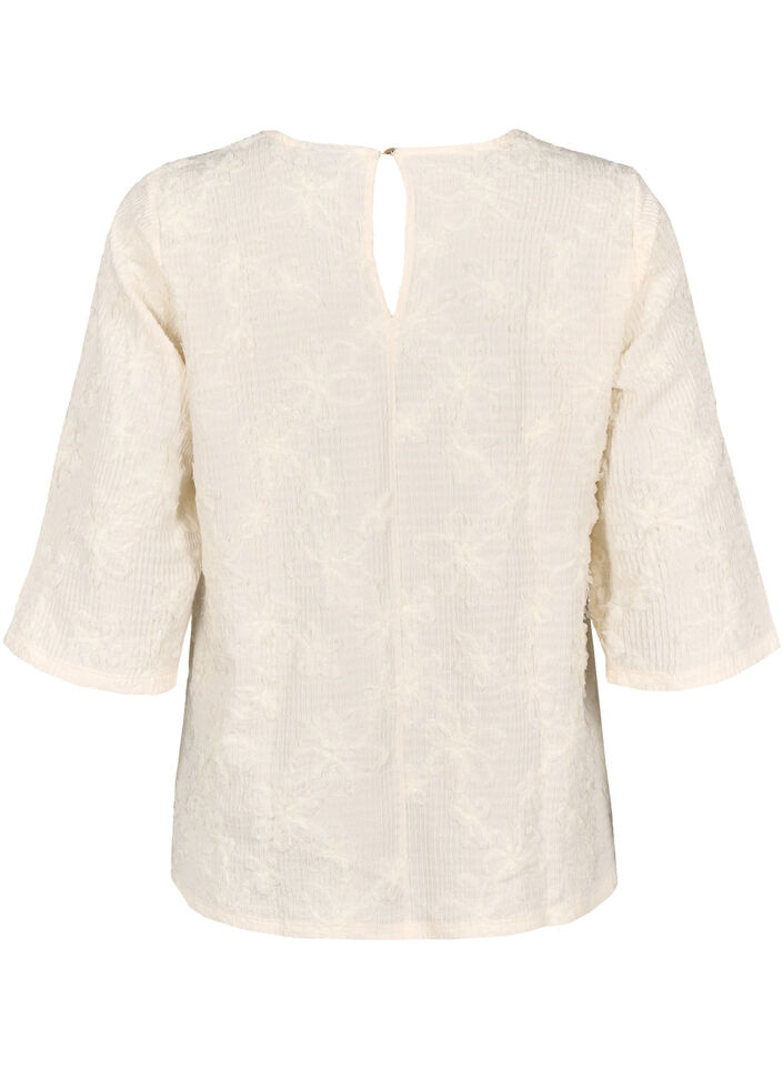 Blus med trekvartsärmar och 3D-blommor, Warm Off-white, Packshot image number 1