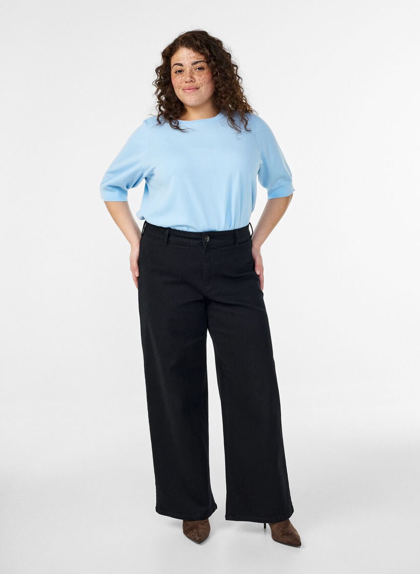Finstickad blus med korta &auml;rmar, Bl&aring;, Model image number 1