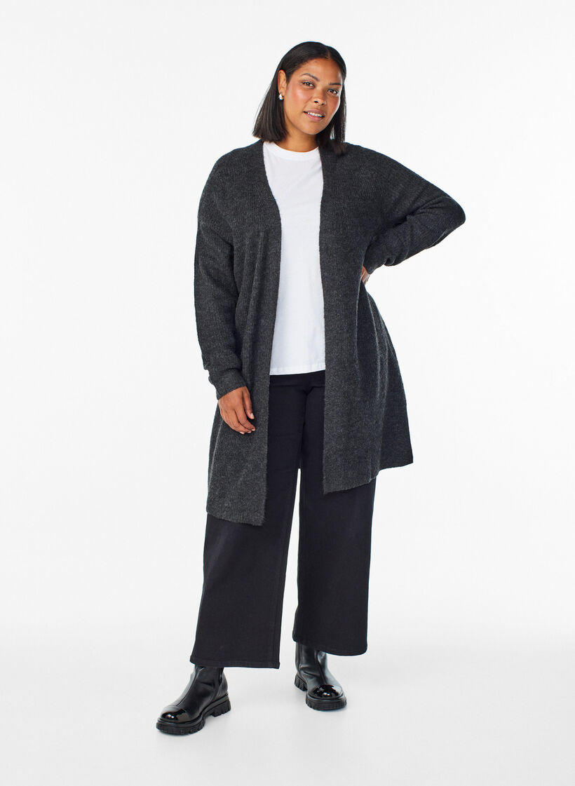 L&aring;ng ribbstickad kofta med &ouml;ppen front, Gr&aring;, Model image number 1