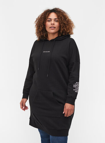 Sweatshirtklänning i bomull med huva och text, Black, Model image number 0